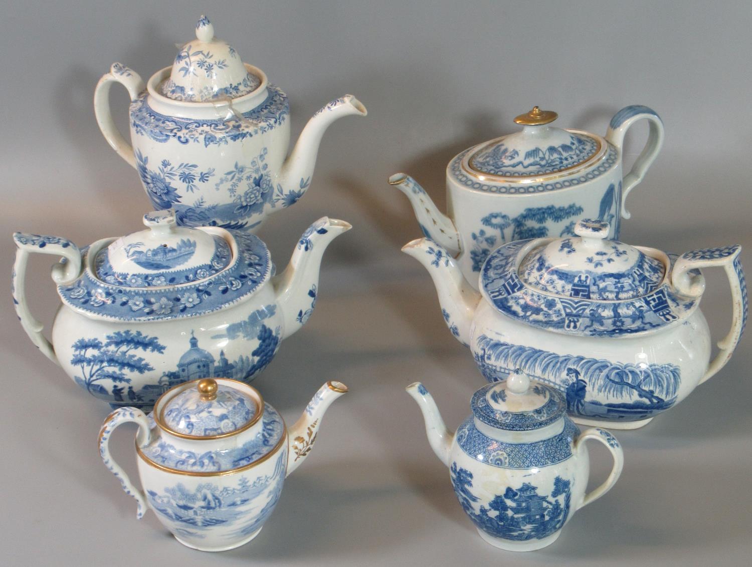 Collection of 19th century Spode blue and white transfer printed china tea and coffee pots to