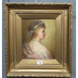 British school initials 'MC', portrait of a young woman with flowers in her hair. Indistinctly