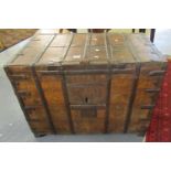 Unusual heavy metal-bound sea chest or strong box having lift-out lock panel to the front, the lid