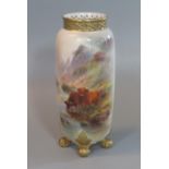 Early 20th century Royal Worcester porcelain vase, the filigree rim above a hand painted body of