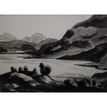 Sir John "Kyffin" Williams (Welsh 1918-2006), Snowdonia landscape with lake and cottages. Signed