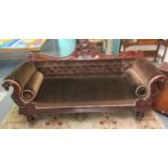 Victorian walnut show frame, double ended sofa, the carved scroll decorated back above padded
