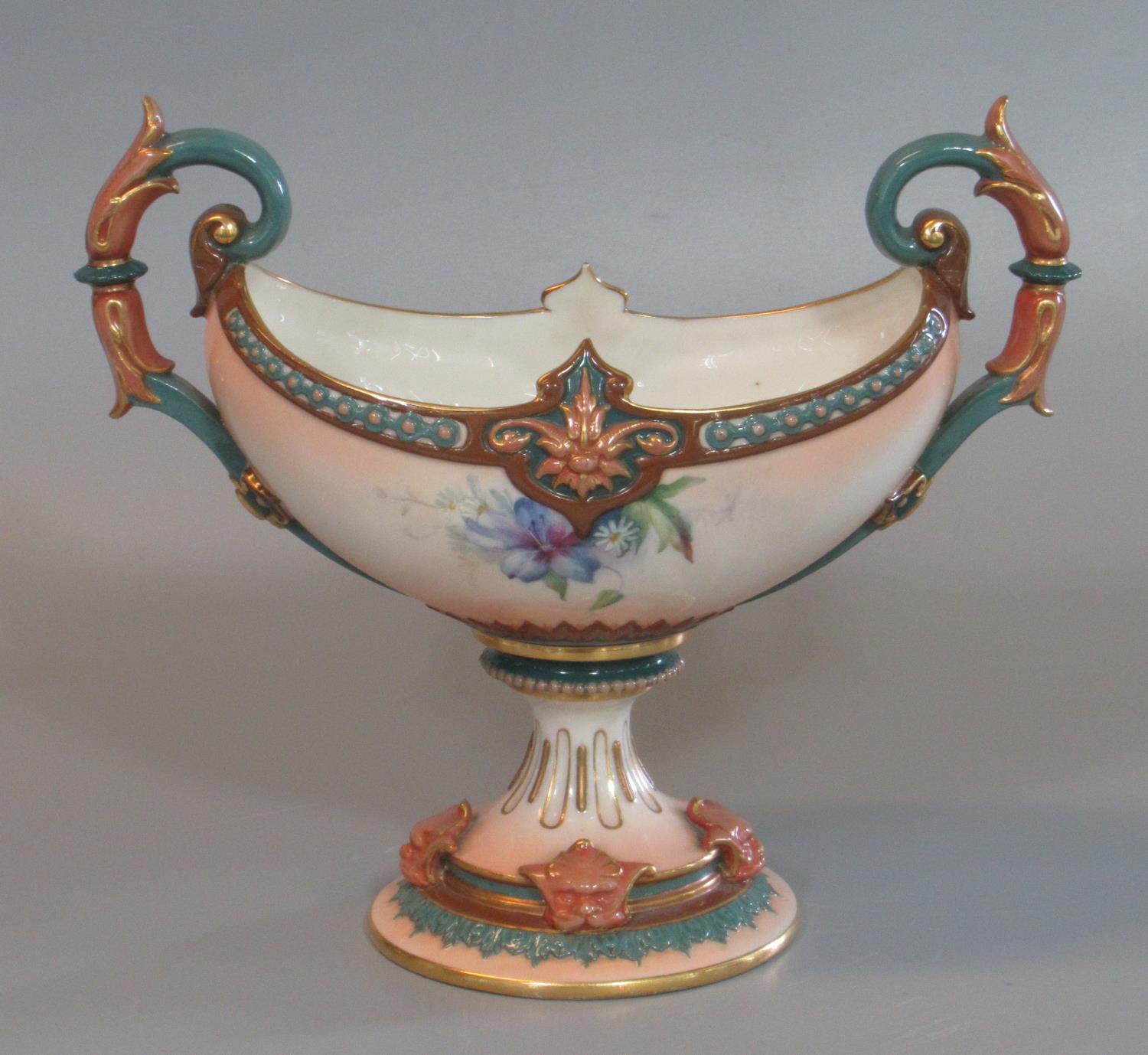 Early 20th century Hadley Worcester boat shaped two-handled vase, hand painted with clematis above a - Image 2 of 3