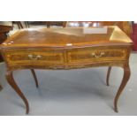 French design walnut finish and mixed inlaid wood side table, the moulded serpentine top above two