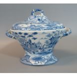 19th century Spode china blue and white transfer printed egg warmer stand and cover, in 'Gothic