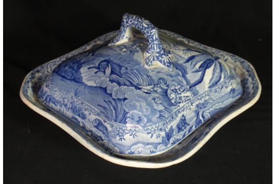 Early 19th century blue and white transfer printed Spode Indian Sporting Series vegetable tureen and