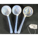 Three Spode china blue and white transfer printed ladles to include a near pair with 'Castle