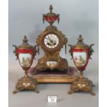 19th century French gilt spelter clock garniture, the balloon shaped clock surmounted by an urn