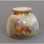 Royal Worcester porcelain vase of squat form, hand painted with highland cattle. Signed by Harry