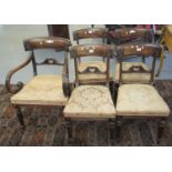 Set of five regency mahogany curved back dining chairs on stuff-over seats, standing on front fluted