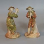 Pair of Royal Worcester figurines of musicians, both sitting on a tree stump on a naturalistic base.