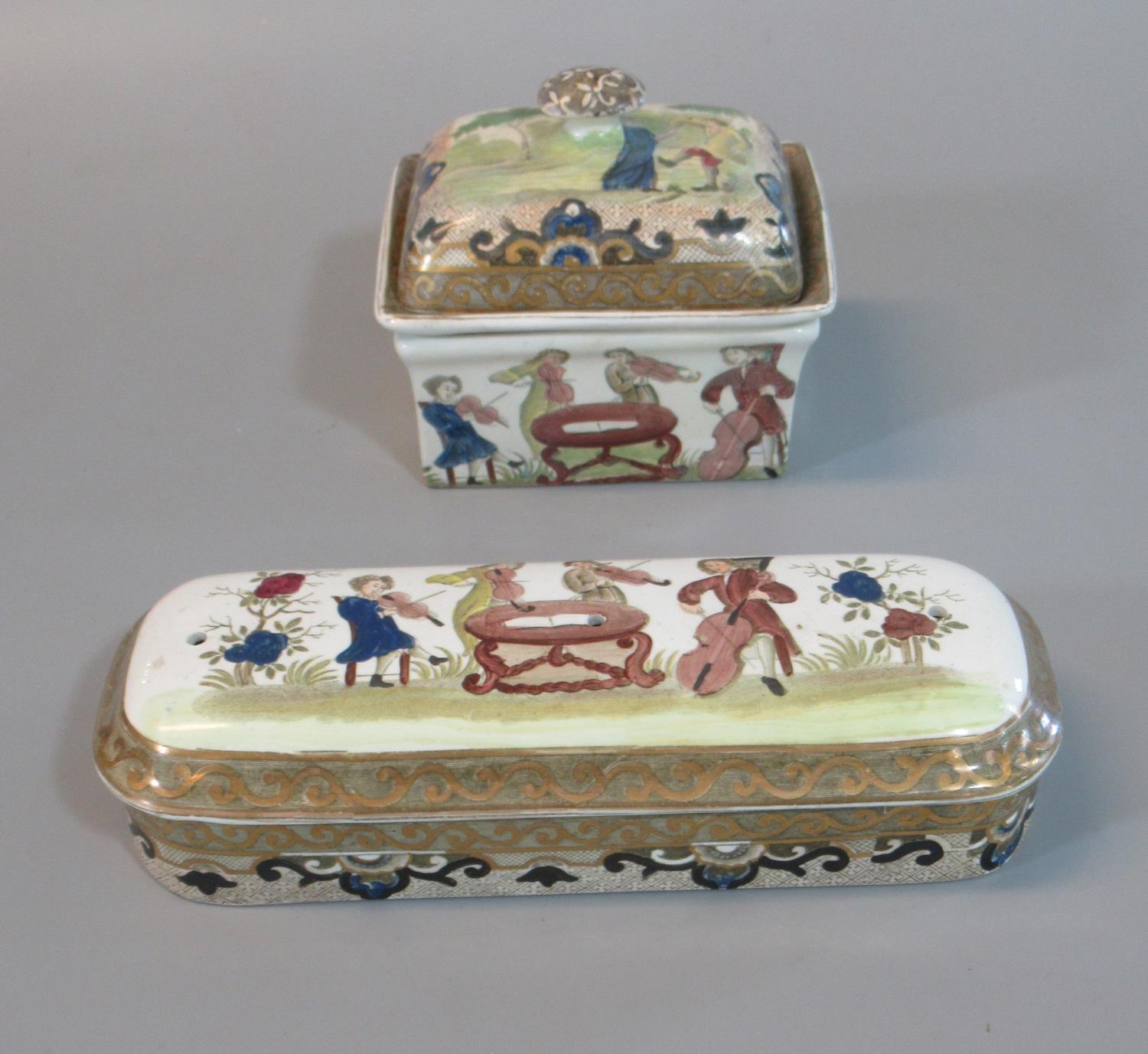 Early 19th century Spode coloured musicians lidded pen box, 19.5cm long approximately. Together with - Image 2 of 2