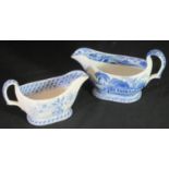 Two 19th century Spode china sauce boats, blue and white transfer printed with Indian scene and
