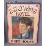 Hand painted pub sign from The Browns Hotel, Laugharne featuring a portrait of Dylan Thomas.