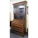 Inlaid mahogany fall front bureau, the satin wood banded strung and foliate inlaid fall revealing