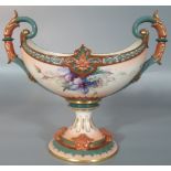 Early 20th century Hadley Worcester boat shaped two-handled vase, hand painted with clematis above a