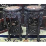 Pair of very good quality 19th century Chinese padouk fish tank stands, the veined marble top with