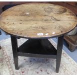 19th century traditional Welsh oak cricket table with triangular under tier. 72cm diameter, 76cm