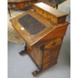 Late Victorian walnut inlaid Davenport desk with hinged lid and stationary compartment, fall front