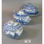 Group of three 19th century Spode china blue and white transfer printed sauce tureens, to include