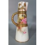 Royal Worcester porcelain 1047 hand painted Ewer jug of conical form overall with pink and yellow