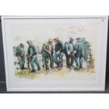 After Aneurin M Jones (Welsh 1930-2017), 'Bois y Wlad'. Large artist proof coloured print, signed in