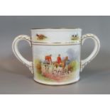 Royal Crown Derby bone china two-handled loving mug decorated to the body with hunting scenes. 18.