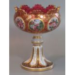Late 19th century Bohemian ruby and white overlay glass vase or table centre piece, hand painted