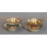 Two early 19th century cabinet cups and saucers, one on a gold ground with painted flowers, marks