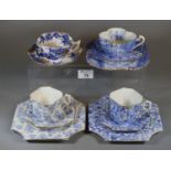 Three 19th century Wileman & Co. transfer printed blue and white floral and foliate trio sets,