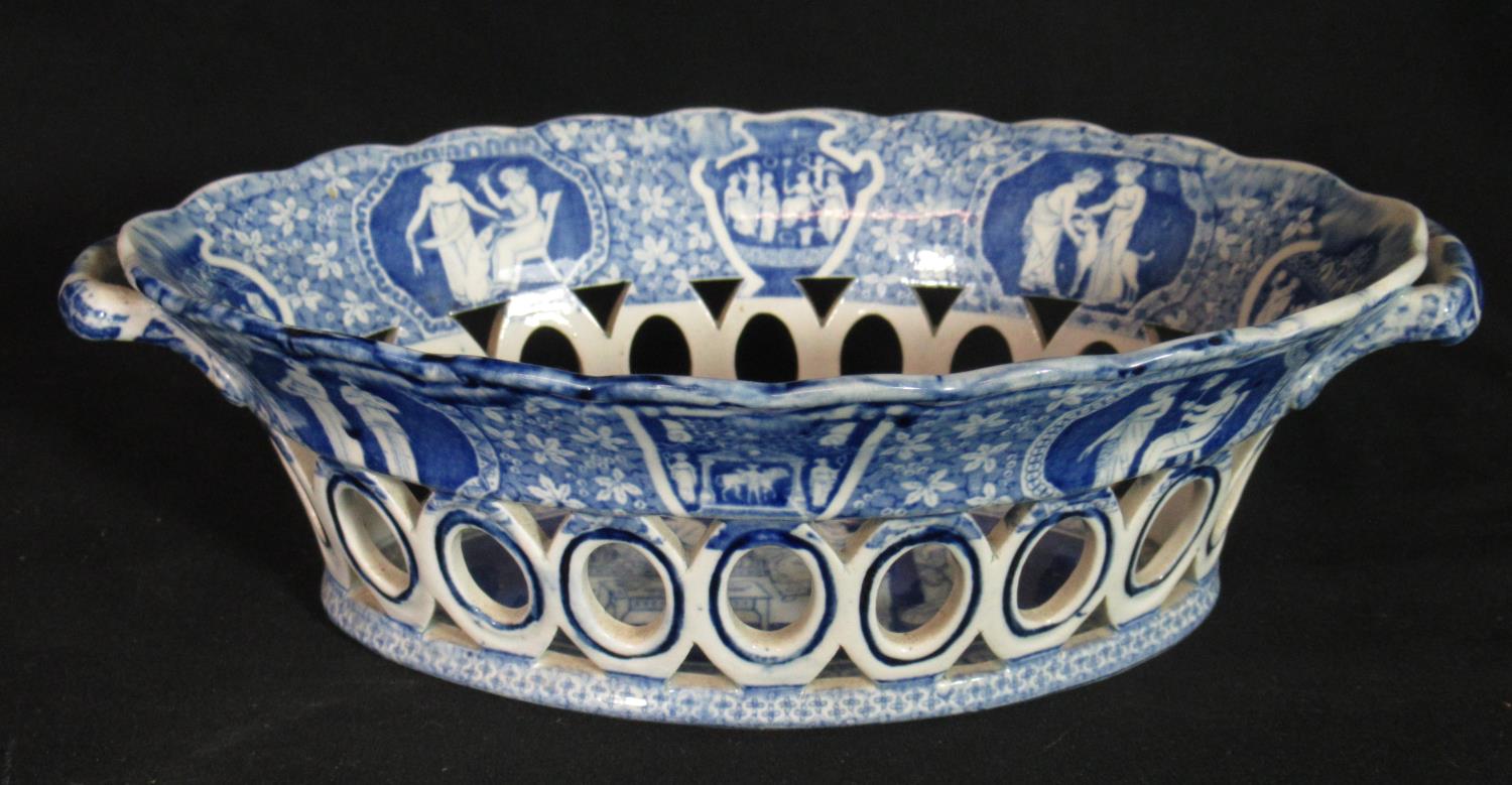 Early 19th century blue and white transfer printed Spode chestnut basket of flared oval form,