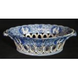 Early 19th century blue and white transfer printed Spode chestnut basket of flared oval form,