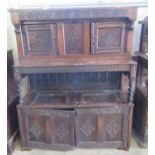 17th century style oak court cupboard composed from a 17th century coffer and other parts. 166 x 135