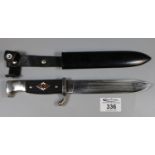 German WWII style Hitler youth travelling sheath knife, the 15cm blade unmarked with checkered