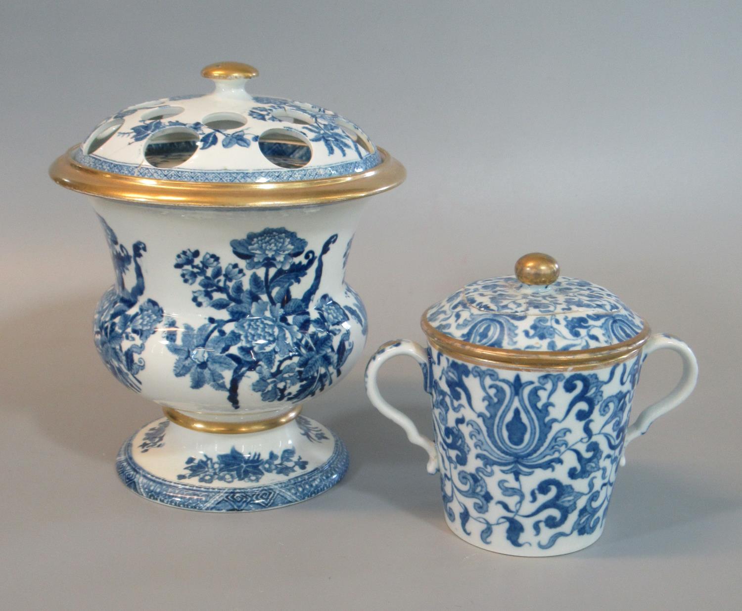 19th century Spode china blue and white transfer printed two-handled chocolate cup and cover,