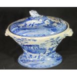 19th century Spode blue and white transfer printed footed and lidded tureen continuously decorated