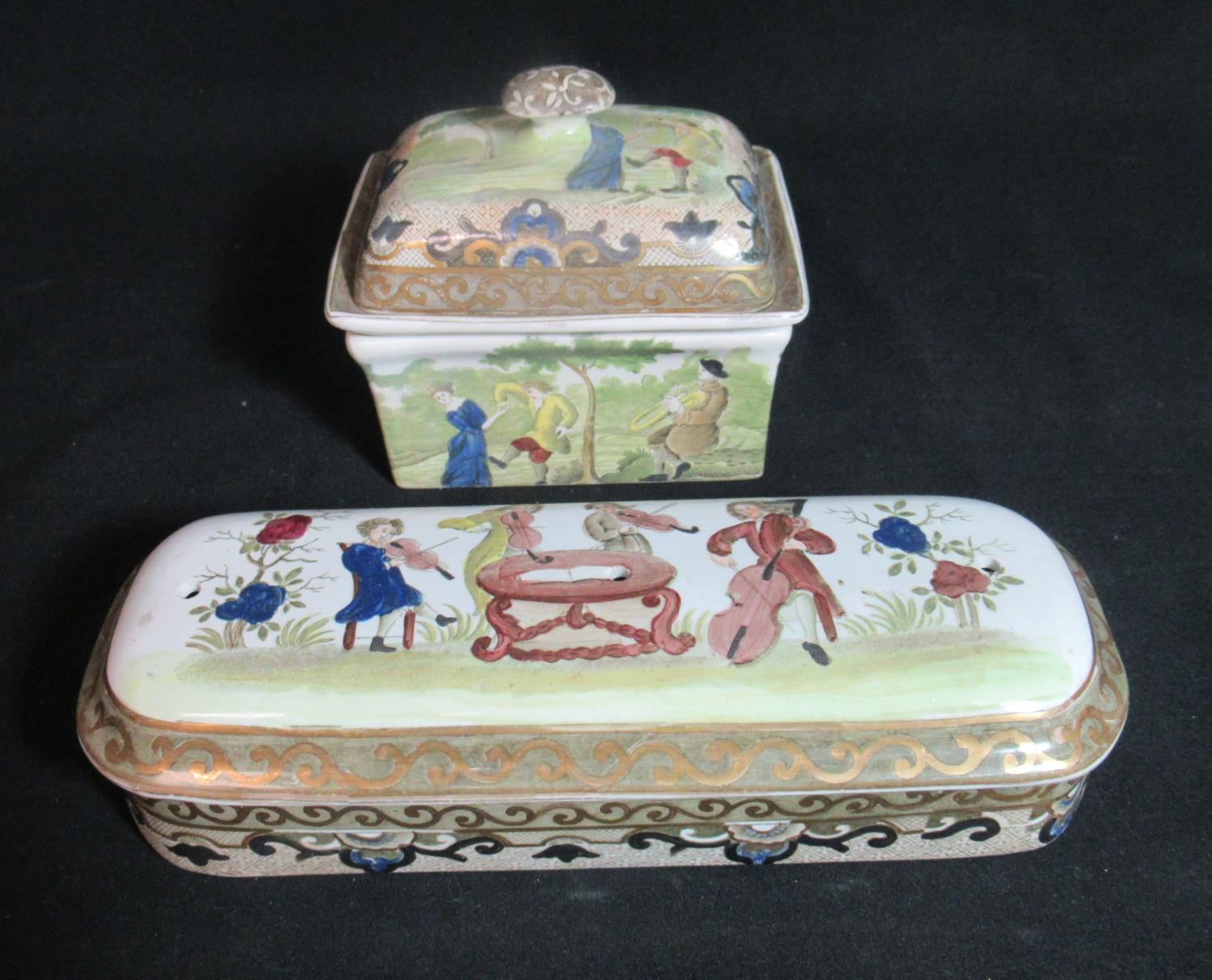 Early 19th century Spode coloured musicians lidded pen box, 19.5cm long approximately. Together with