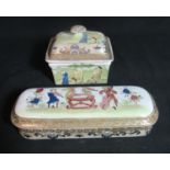 Early 19th century Spode coloured musicians lidded pen box, 19.5cm long approximately. Together with