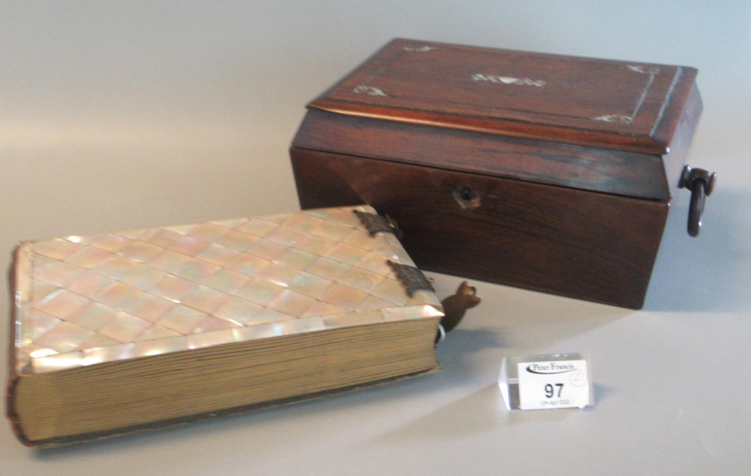 19th century mother of pearl inlaid rosewood sarcophagus shaped box with loop wooden handles,