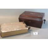 19th century mother of pearl inlaid rosewood sarcophagus shaped box with loop wooden handles,