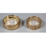 A 9ct gold ring and a 14ct pierced gold ring. Ring size K and G. Approx weight in total 5.4