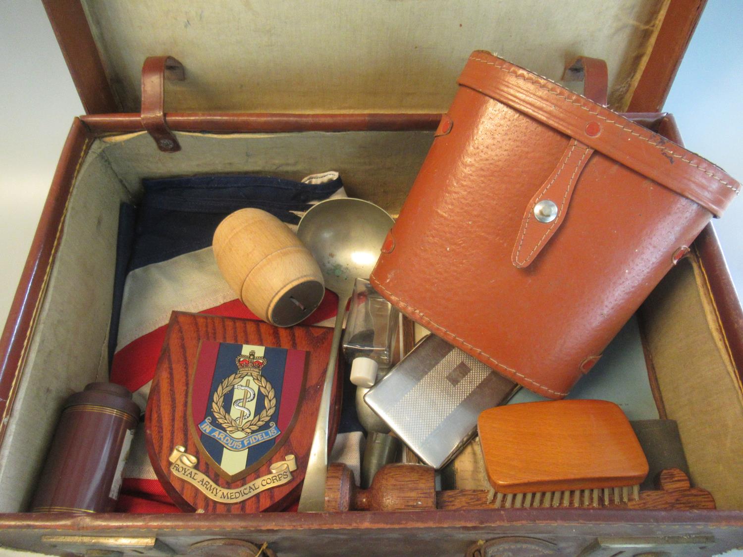 Leather suitcase containing assorted items including army medical corps shield, plaque, - Image 2 of 2