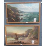 Frank Hider a pair of coastal scenes with fishing smacks. Signed, oils on canvas. Oak frames. 30 x