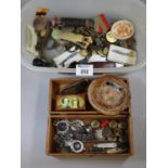 Plastic tub of assorted WWII medals, military buttons, HM prison cap badges, HMS Cornwall, timber