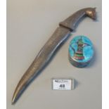 Two Middle Eastern/Persian items to include dagger with white metal sheath and 'bull head' handle,