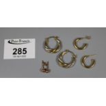 Three pairs of 9ct gold earrings. Approx weight 2.6 grams. (B.P. 21% + VAT)