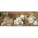 Three boxes of assorted items to include: three mantel clocks, set of Royal Worcester Chamberlain