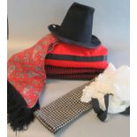 A Welsh Ladies or Childs Costume with Hat together with a Vintage Silk Top Hat with wooden stretcher