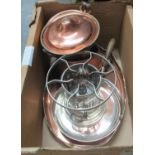 box of metalware to include large copper coloured tray, large copper bottomed frying pan with turned