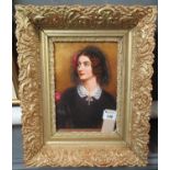 Portrait of a Victorian lady on a porcelain plaque marked R P M Germany. 26 x 19cm approx. (B.P. 21%